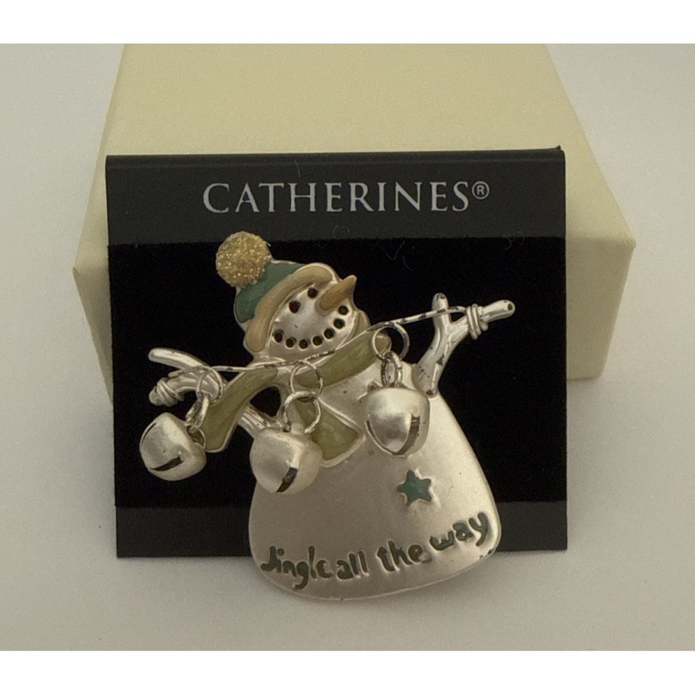 Catherines Snowman Jingle All The Way Pin Brooch Silver Tone Holiday Christmas